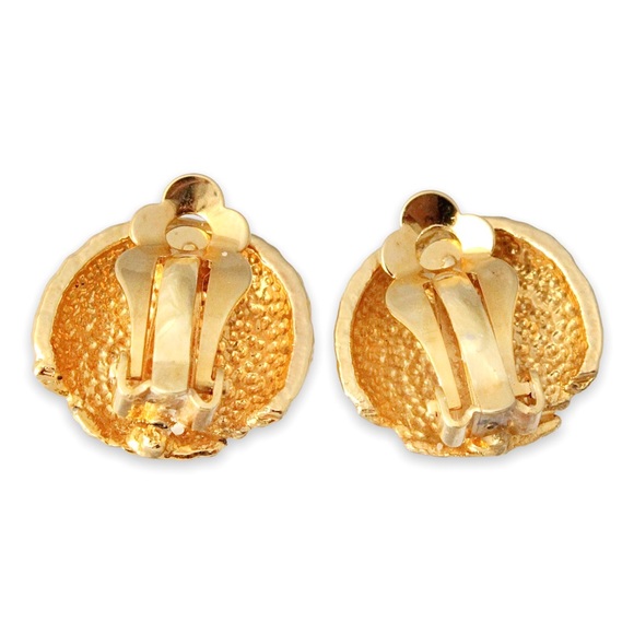 Vintage Gold Plated Button Clip On Earrings Textured Chunky Large Round - Picture 3 of 4